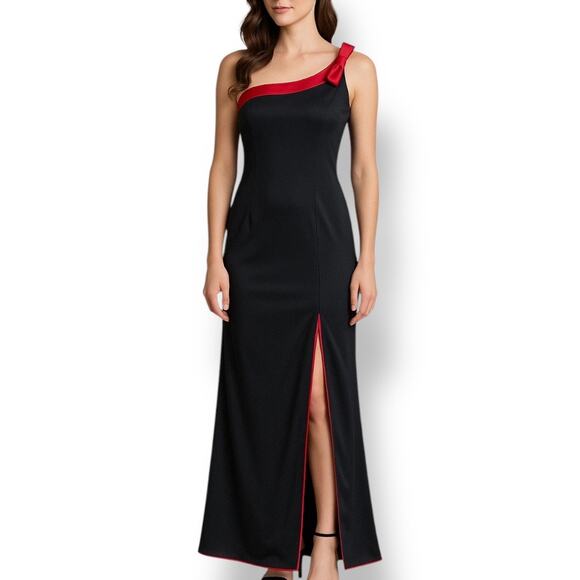 Vintage 90s One Shoulder Black Red Gown Made in USA Bow Detail Column Formal - Picture 1 of 11